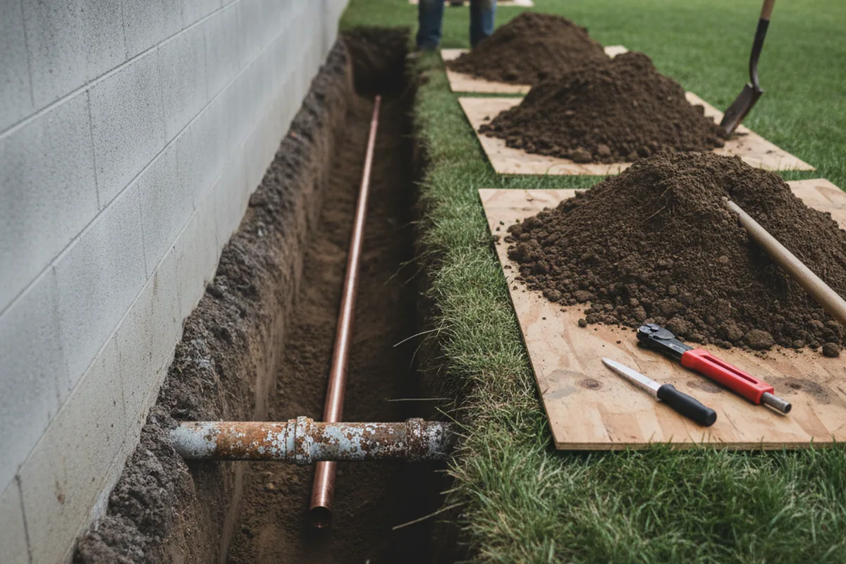Excavated water line trench during Water Softener Installation in Sunapee